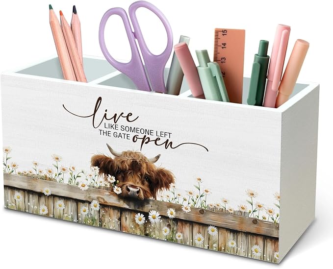 DILSJ Inspirational Highland Cow Pen Pencil Holder Organizer for Desk, Highland Cow Gifts for Women, Live Like Someone Left The Gate Open Wooden Box Signs for Home Office Desk Tabletop Decoration