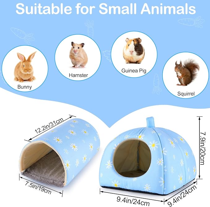 Guinea Pig Hideout, Bienbee Washable Rabbit Bed with Guinea Pig Tunnel, 2 Pack Guinea Pigs Toys Set Bunny Hideout Cage Accessories for Hamster Ferret Rabbits Bunny, Blue Daisy