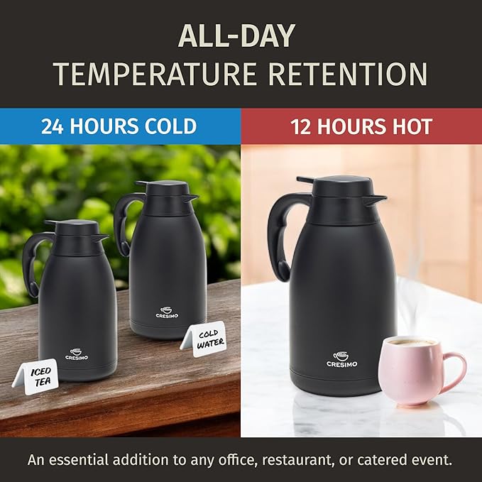 Thermal Coffee Carafe 68 oz by Cresimo – Updated 2025 Model – Insulated Black Stainless Steel Coffee Urn & Drink Dispenser, Keeps Drinks Hot 12h / Cold 36h – Durable & Easy to Pour