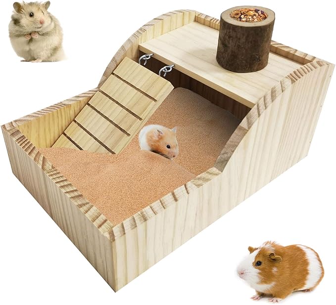 PINVNBY Hamster Sand Bath Box Wooden Small Animals Shower Room & Digging Sand Bath Container with Bowl for Dwarf Syrian Mice Mouse Gerbil and Other Small Animals