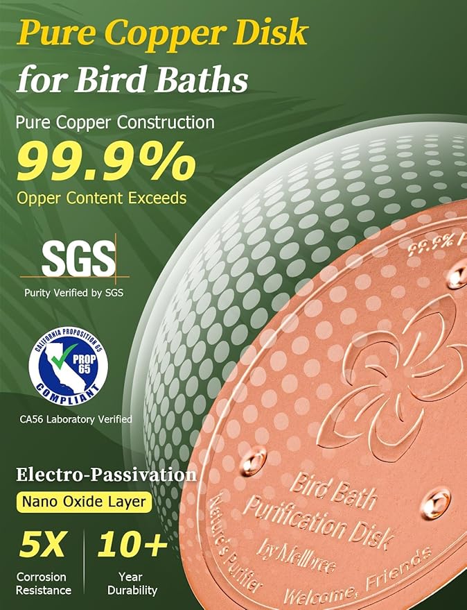 Mellbree 3-Pack Bird Bath Copper Disk, 0.6mm Reinforced 99.99% Pure Copper Cleaning Disk with Triple-Point Support for Physical Safe Clean Water All-Season (Flower)