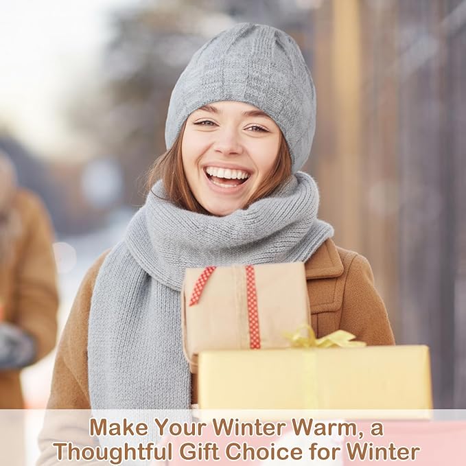Geyoga 6 Pcs Winter Knit Set Beanie Hat Long Scarf Touchscreen Gloves Ear Muff Socks Warm Valentine Gift for Women Men Snow(Grey,Chic Style)