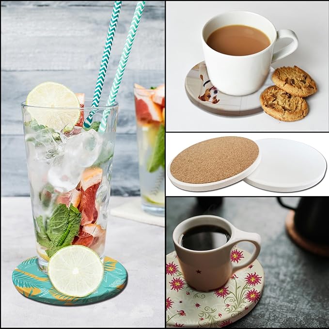 Sublimation Ceramic Coasters Blanks Bulk Round Drinks Table Coaster, Absorbent Ceramic Coaster Set, Heat Transfer Cup Coasters for Home Decor with Cork Backing Pads 30 Pack