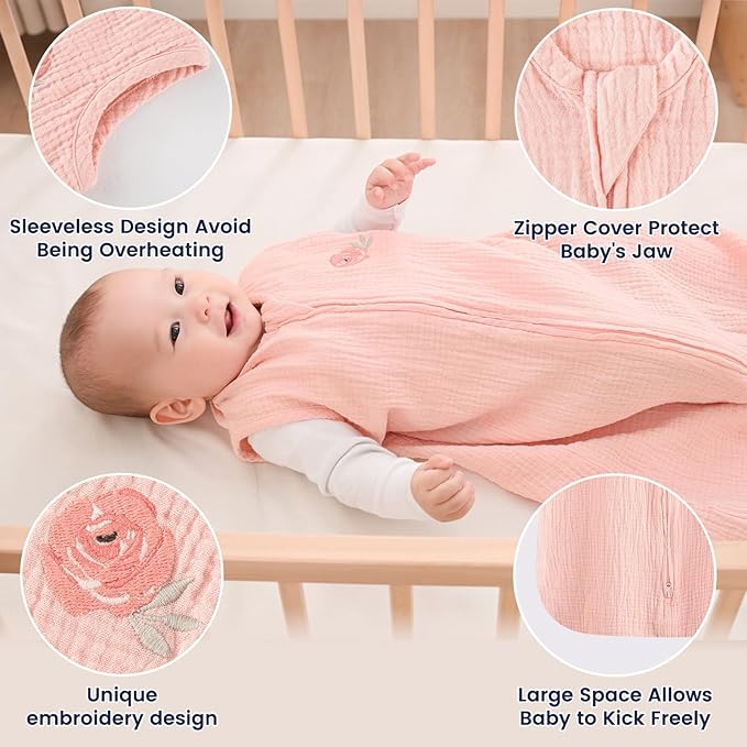 PHF 100% Muslin Cotton Baby Sleep Sack, 6-12 Months Baby Wearable Blanket with 2-Way Zipper, 2 Pack Soft Breathable Cooling 0.5 TOG Medium Size Sleeveless Sleeping Bag for Girls, Pink Floral