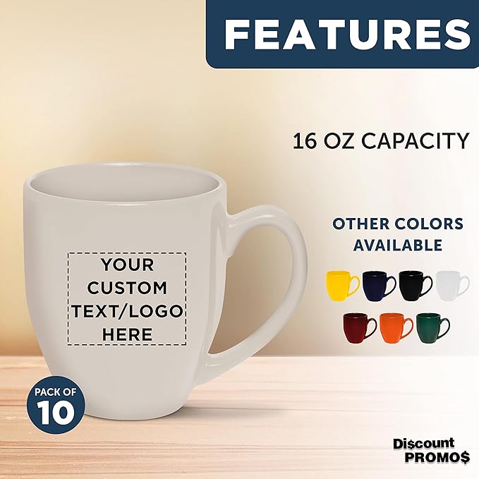 Custom Large Coffee Cups 16 oz. Set of 10, Personalized Bulk Pack - Perfect for Tea, Espresso, Cappuccino, Hot Cocoa - Grey