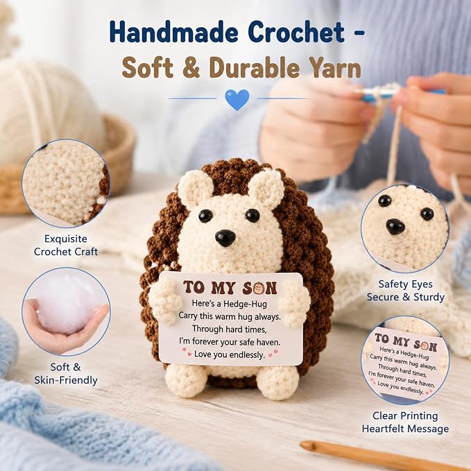 Son Birthday Gifts from Mom Dad Handmade Crochet Hedgehog Gifts | Graduation College Gift for Sons, Graduation Gifts for Adults Son in Law Bonus Step Best Son Ever Gift