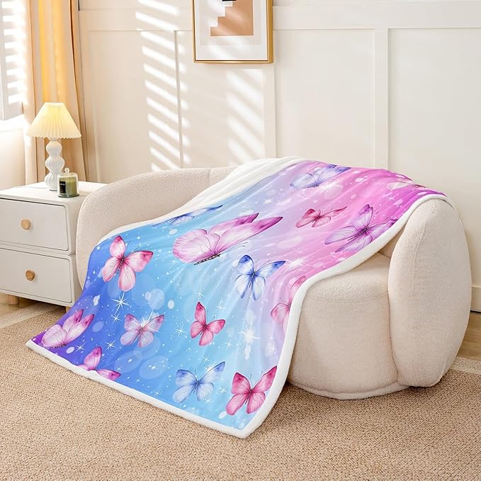 Feelyou Girls Butterfly Fleece Throw Blanket Twin 60"x80" Kids Pink Blue Glitter Print Sherpa Blanket Plush Fuzzy for Bed Couch Chair Living Room, Dreamy Girly Bed Blanket Princess Style Room Decor