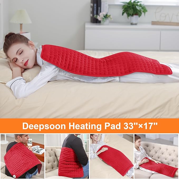 Deepsoon Heating Pad,Electric Heating Pads for Back,Neck,Abdomen,Moist Heating Pad for Shoulder,Knee,Arms,Legs,Dry/Moist Heat & Auto Shut Off,Christmas Gifts for Men and Women,Red,33x17 Inch