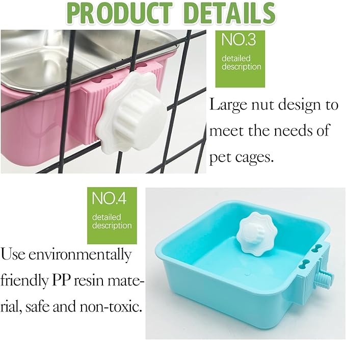 kathson Crate Dog Bowl, Removable Stainless Steel Hanging Pet Kennel Cage Bowl Food & Water Feeder Coop Cup for Puppy, Cat, Rabbit,Guinea Pigs 2pcs Large Square(Blue,Pink) (Pack of 2)