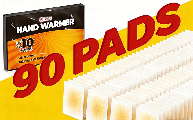 Hand Warmers - 90 Packs Hot Hands Disposable Heat Pad, Hot Hands Hand Warmers, Up to 10 Hours of Safe and Continuous Heat, Perfect for Camping, Outdoor Skiing, Fishing Ideal for Outdoors and Travel.