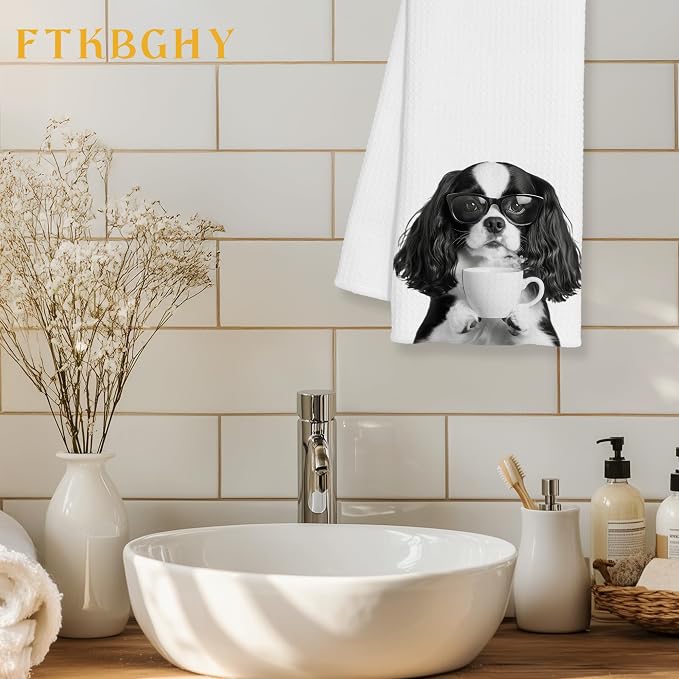 Funny Cavalier King Charles Spaniel Decor Coffee Kitchen Towels Gift, Dog Gifts, Coffee Gifts for Women, Dog Lover Gift Decorative Dish Hand Tea Towels for Kitchen Home Bar Decor, 16x24 Inch