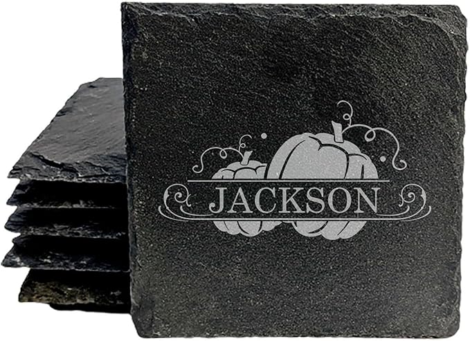 Personalized Monogram Family Coasters, Natural Stone Set, Birthday, Wedding, Customized, Rustic - Square Slate - Set of 6