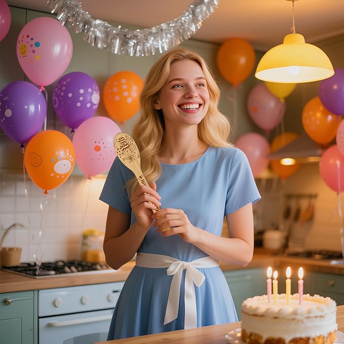 CUTHOLLOW 6PCS Happy Birthday Wooden Kitchen Cooking Utensil Set, 11.9in Non Toxic Bamboo Wood Spoon Set for Cooking, Best Housewarming Birthday Thanksgiving Christmas Gift for Women Mother