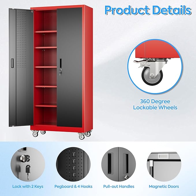 71" H Metal Garage Storage Cabinet with 5 Adjustable Shelves and Pegboard,Steel Storage Cabinet with Wheels for Garage Home Office Utility Room,Required Assembly, Red and Black