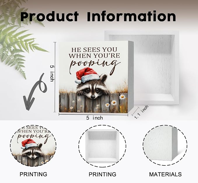 Christmas Raccoon Home Bathroom Decor Sign - Farmhouse Western Christmas Animal Bathroom Decor,Rustic Farm Animal He Sees You When You're Pooping Signs,Raccoon Gifts for Women