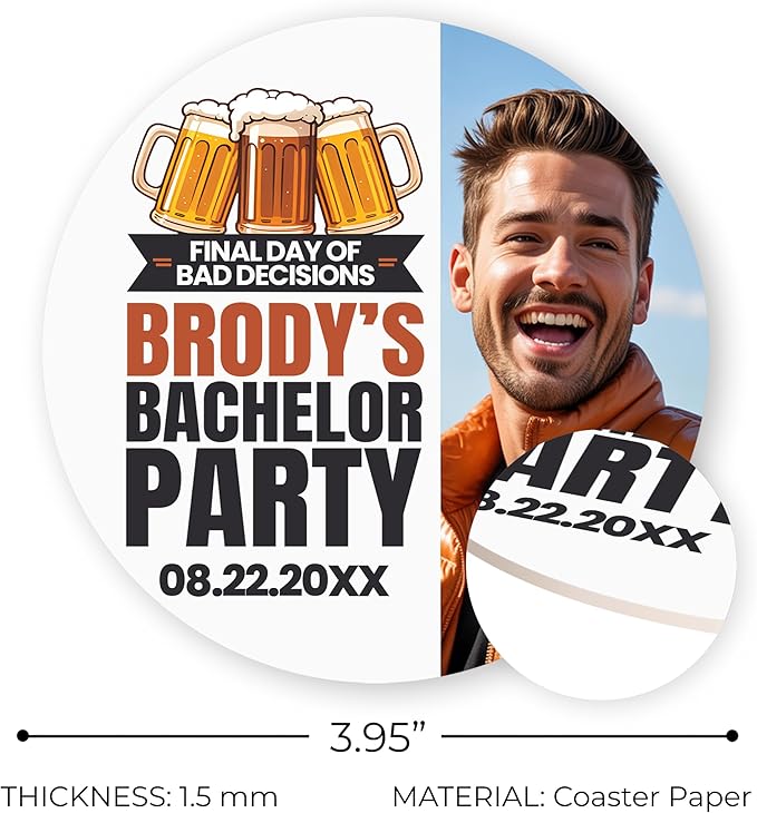 10 Pack Personalized Bachelor Party Coasters, Custom Cardboard Drink Coasters with Photo Print and Text, Fun Bachelor Party Favors and Gifts, 3.95" Round, Design 2