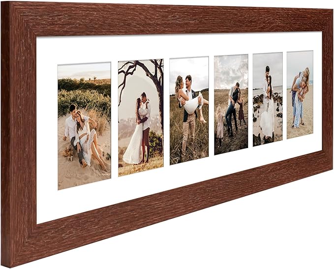 8x26 Picture Frame Display 6 opening 4X6 Picture Frame Collage,Multi Photo Frame with Mat,Plexiglass,Wall or Tabletop Decor,Walnut Wood Grain