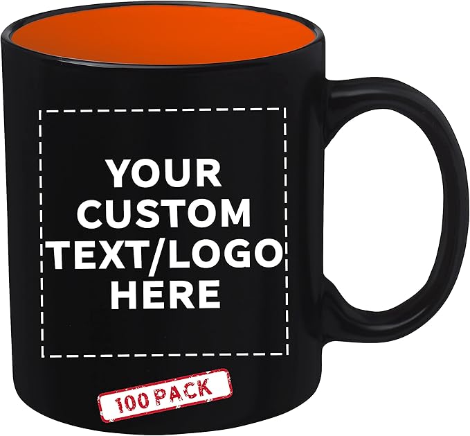 DISCOUNT PROMOS 100 Matte Two-Tone Coffee Mugs Set, 11 oz. - Customizable Text, Logo - Stoneware, Drinkware, Durable, C-handle - Orange