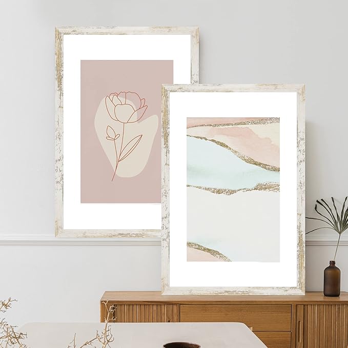 20x30 Frame Set of 2, Distressed White Wood Style - Display 16x24 Picture with Mat or 20 x 30 Poster without Mat, Wall Mounting Horizontal and Vertical