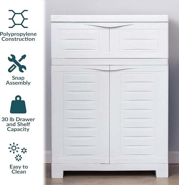 Sunnydaze 34.5" H Resin Garage Storage Cabinet - Garage Cabinet with Adjustable Shelf - Freestanding Utility Storage for Laundry Room, Office, Basement - Speckled White