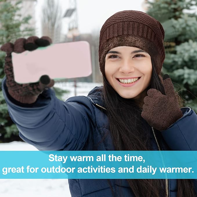 Winter Fleece Lined Beanie Hat Scarf Sock Touchscreen Gloves Set for Men Women