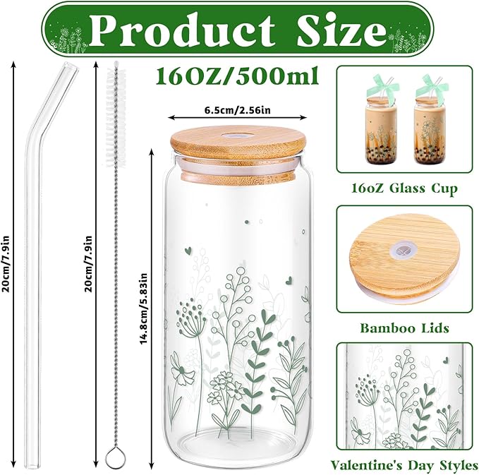 2 Pcs Gift for Women Sage Green Spring Floral Glasses Cups, 16 oz Cute Aesthetic Glass Cups with Lid and Straws Mothers Day Iced Coffee Cup, Idea Gift for Girls New Mom Day Birthday Baby Shower Party