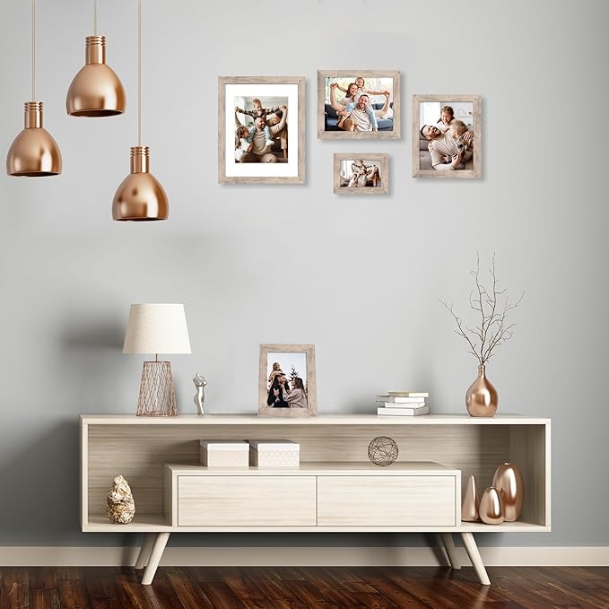 iRahmen 5x7 Picture Frame Set of 4, Smoke Gray Frame with High Definition Glass, 5 x 7 Wood Photo Frames for Tabletop Display and Wall Mounting