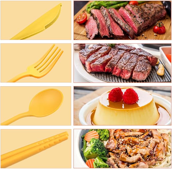 4 Sets Reusable Utensils Set with Case,Camping Cutlery Set Travel Silverware Set with Case Lunch Utensils Set for Work,Utensil Sets for Lunch Picnic Daily Use Outdoor (Yellow)