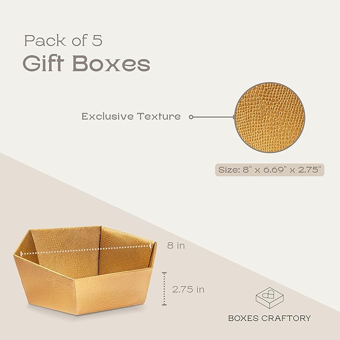 Pack of 5 Empty Baskets for Gifts - Containers Ideal for Christmas and Wedding - 8" x 6.69" x 2.75" Gold