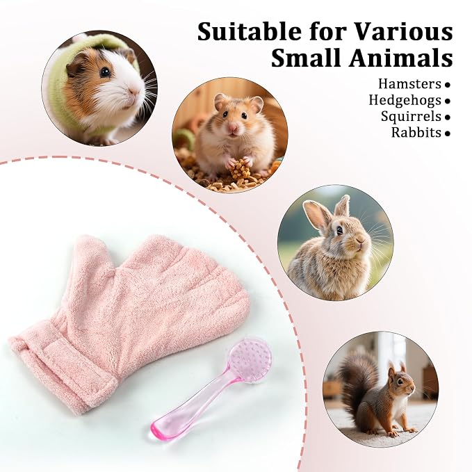 Hamster Bite Proof Glove and Grooming Brush Set, Adjustable Hamster Glove, Lid Soft Cleansing Brush Massage Combs, Guinea Pig Brush, Hamster Care Set for Hamsters, Ferrets, Hedgehogs (Pink)