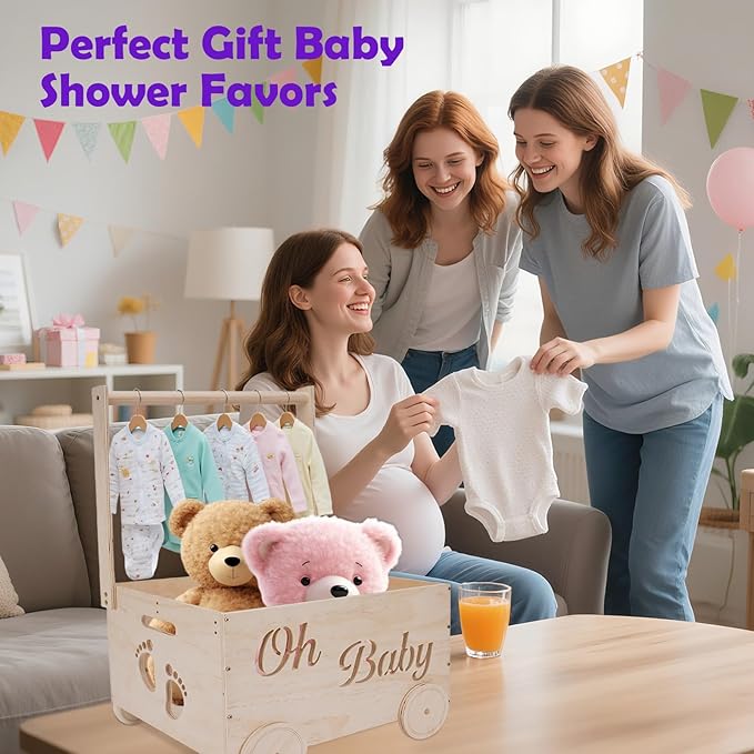 Baby Shower Gifts Baskets, Wooden Baby Closet Gifting for Newborn Boys and Girls, Wood Crate Box with Handle and Wheels, Personalized Cute Babyshower Decorations Basket for New Born