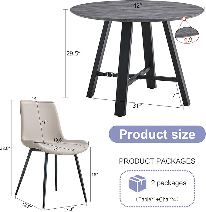 Round Dining Table Set for 4, Round Kitchen Dining Table and Chairs Set for 4,Modern 42" Wood Dining Room Table Set with PU Leather Chairs for Small Space Kitchen Office Cafe Apartment