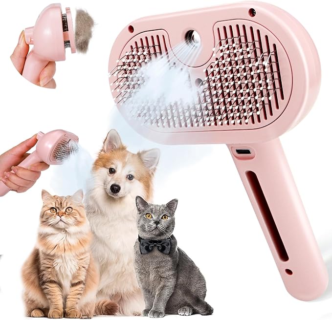 Bunny Ferret Steam Brush Release Button Self Cleaning Spray Comb for Long and Short Hair Cats Rechargeable Steaming Cat Grooming Brush Steamer to Remove Loose Hair (Pink)