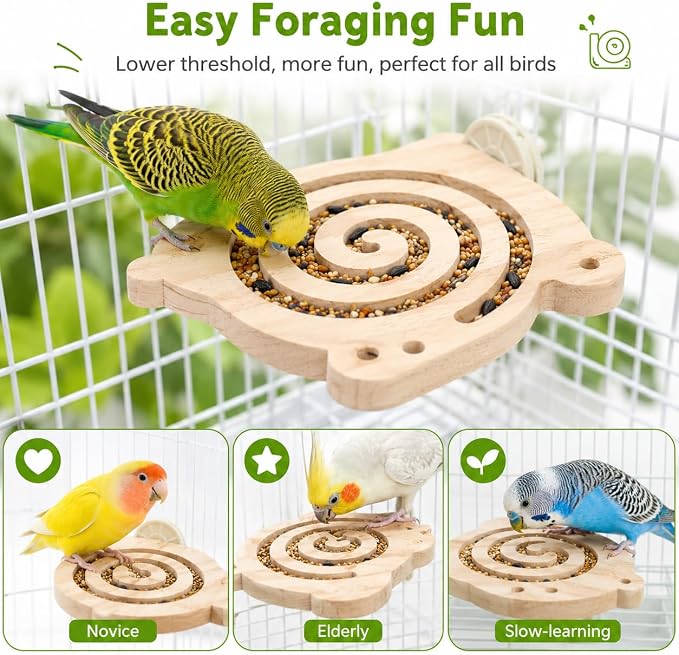Bird Foraging Toy with Perch, Natural Kiln-Dried Wood Slow Feeder Puzzle Toy for Parakeets, Budgies Cockatiels Conures Relieve Boredom Reduce Seed Mess Prevent Overgrown Beaks for Small & Medium Birds