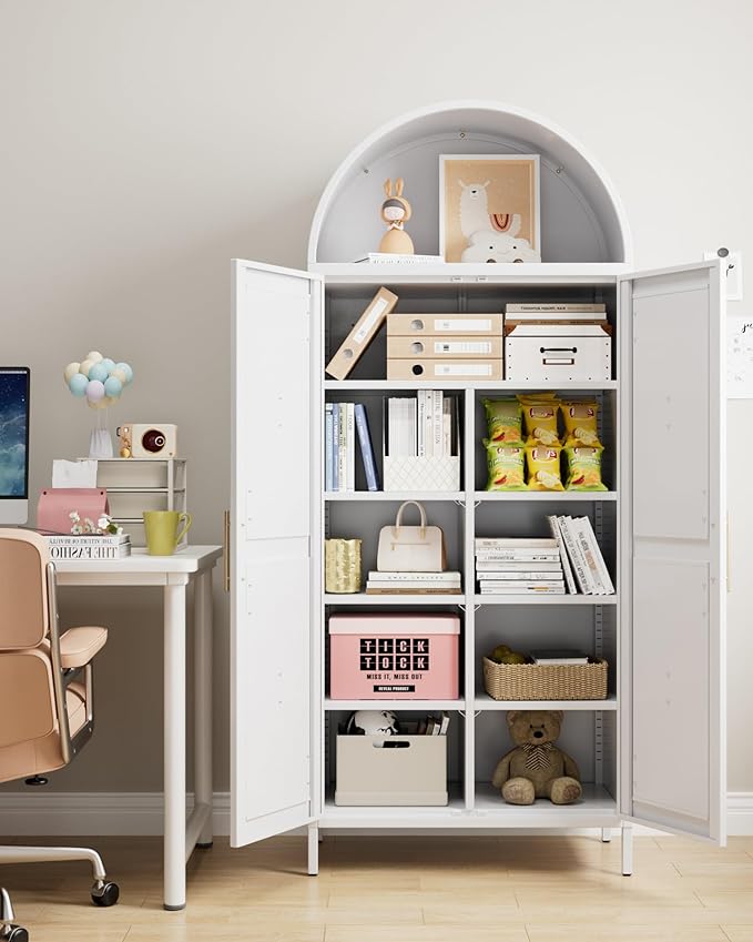 Arched Kitchen Pantry Cabinet with 6 Adjustable Shelves, Metal White Arched Cabinet with 2 Doors for Kitchen,Living Room, Assemble Required,15.4" D x 30.7" W x 72.8" H