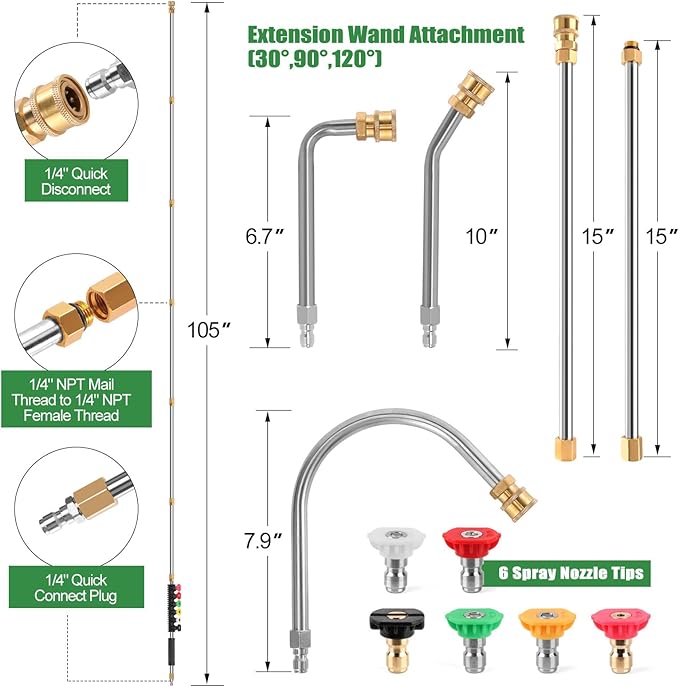 Gutter Cleaning Tools From the Ground, 10 Pack 9 FT Pressure Washer Extension Wand, Power Washer Lance With 6 Pressure Washer Spray Nozzle Tips, 30°, 90°, 120° Gutter Cleaner Curved Rod, 4000 PSI