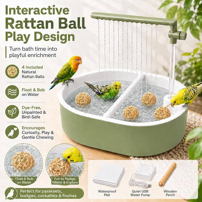Bird Shower, Automatic Bird Bath for Cage, Light Green | Adjustable valve, hidden-cord pump, dual perches, 4 natural rattan balls, waterproof mat, indoor parakeet use