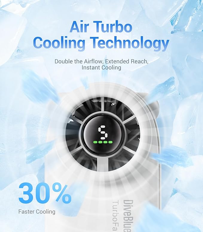 Diveblues Handheld Portable Turbo Fan, 4000mAh USB Rechargeable Pocket Fan, Up to 16 Hours, Hand Fan with 5 Speeds Powerful Cooling for Travel/Summer/Outdoor/Lash/Purse