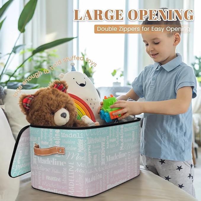 Custom Storage Basket with Name, Personalized Keepsake Box with Zipper Lid, Foldable Fabric Memory Bin Large capacity with Handle Green Pink