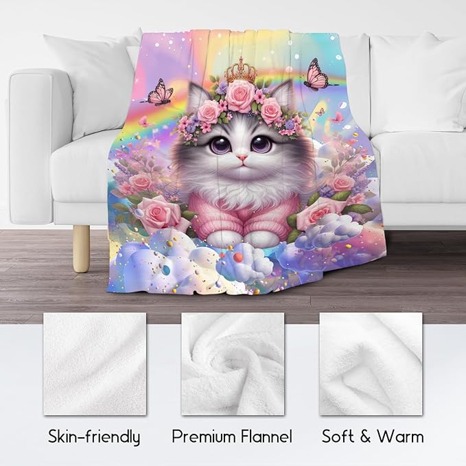 Kids Blankets Blanket with Cat - 60x80 Inches Cozy Soft Flannel Throw Gifts for Couch, Bedroom