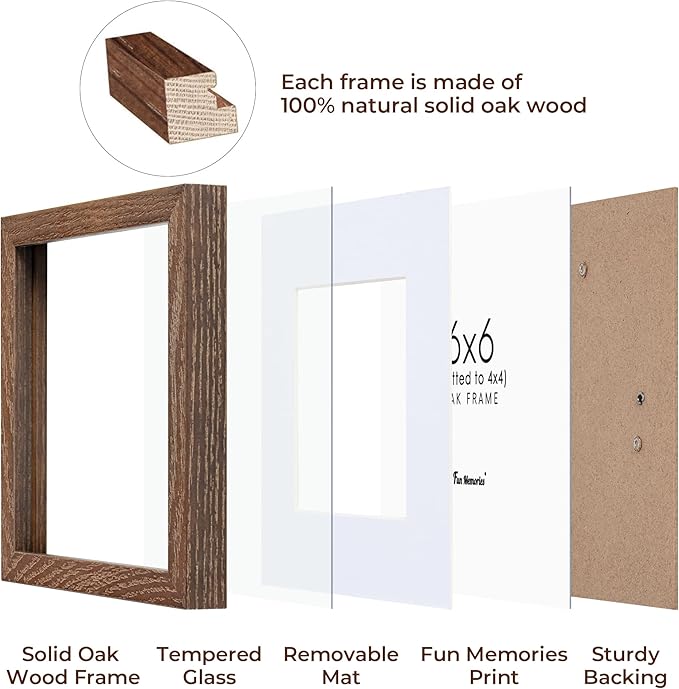 6x6 Picture Frames, Solid White Oak Wood Frame 6 x 6 with Stand for Wall & Tabletop Display, Rustic Wooden Photo Frame 6 by 6 with Real Glass, 6x6 Frame Matted to 4x4, Walnut Color, Set of 2