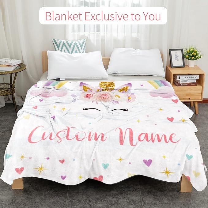 Personalized Horse Blanket with Name for Girl, Custom Name Blanket for Kids, Soft Flannel Pink Horse Toddler Blanket Customized Gift for Birthday Christmas Baby Shower Newborn Gift 60" X 80"