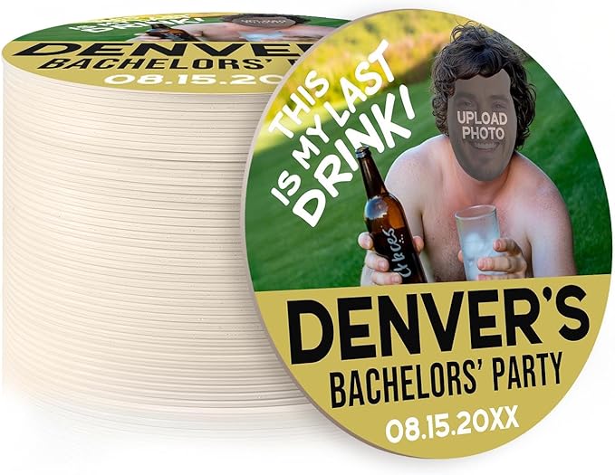 40 Pack Personalized Bachelor Party Coasters, Custom Cardboard Drink Coasters with Photo Print and Text, Fun Bachelor Party Favors and Gifts, 3.95" Round, Design 5