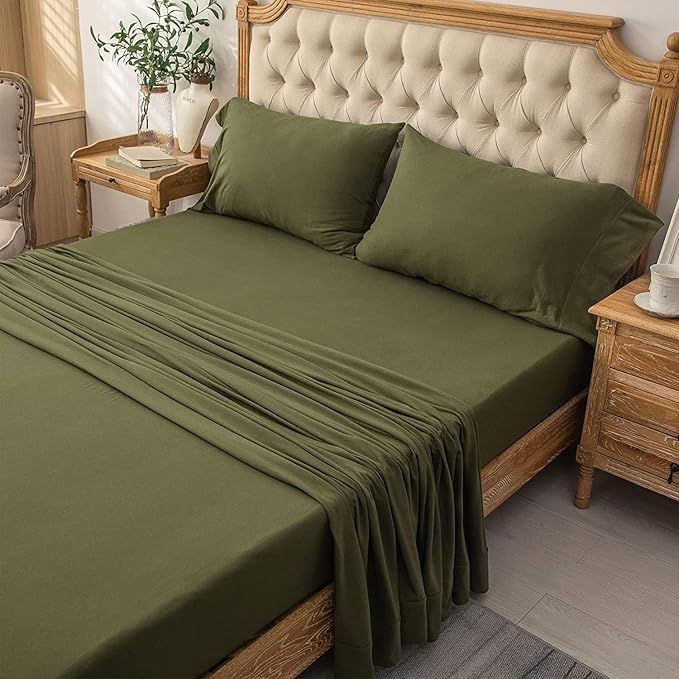 PURE ERA Jersey Knit 3pcs Bed Sheet Set 100% T-Shirt Cotton Super Soft Comfy Breathable Fits Mattress Up to 20" Extra Deep Pocket (Solid Olive Green, Twin XL)