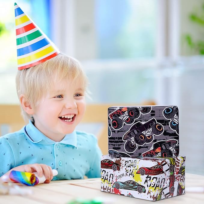 PlandRichW Monster Trucks Wrapping Paper - Folded for Boys Kids Adult Birthday Wrapping Paper Including Racing Monster Trucks Motocross for Party Holiday, Pre-cut 12 Sheets Each 20 X 29 Inches