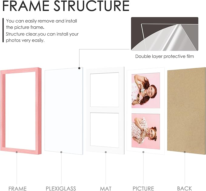 8.5x11 Double 5x7 Picture Frame Double Picture Frame Displays Two 5x7 inch Photos Available Horizontal Wall Mounting Display and Vertical Pink