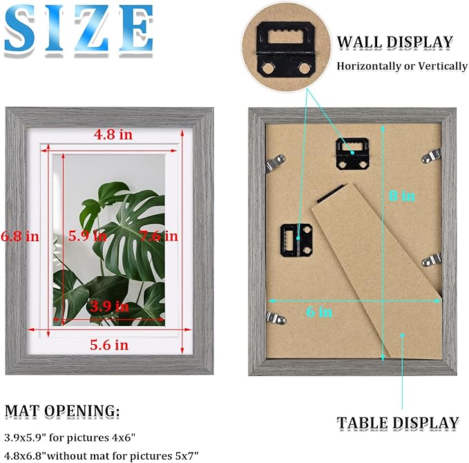 Egofine 6x8 Picture Frames Set of 4, Made of Solid Wood Covered by Plexiglass 4x6 and 5x7 with Mat or 6x8 without Mat, for Table Top Display and Wall Mounting Photo Frame Light Grey