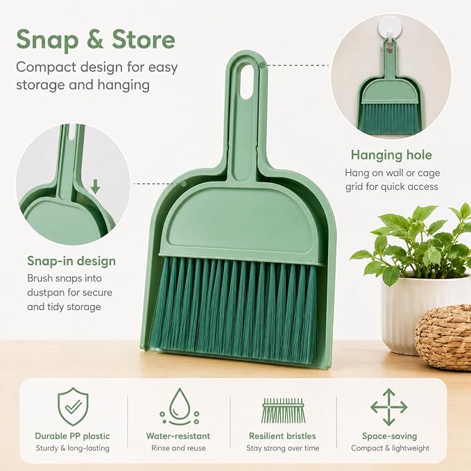 Rypet Mini Dustpan & Brush Set for Small Pet Cage Cleaning – Compact Handheld Broom for Guinea Pig, Rabbit, Hamster Bedding & Sticky Messes, Space-Saving, Deep-Corner Cage Cleaner Tool | Bunny Litter Box Brush, Fits Cage Corners, Hanging Hole Storage, ...
