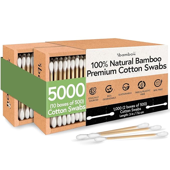 Ibambo 100% Bamboo Ear Cotton Swabs (5000-Pack) | Double Tipped Cotton Buds for Ear | Biodegradable Beauty & Personal Care Items | FSC Certified & Hypoallergenic | For All Ages & Pets