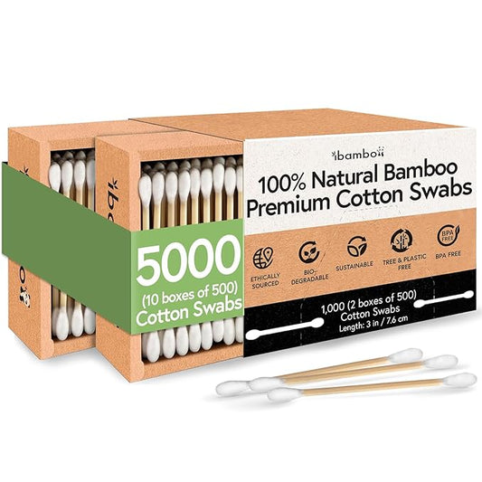 Ibambo 100% Bamboo Ear Cotton Swabs (5000-Pack) | Double Tipped Cotton Buds for Ear | Biodegradable Beauty & Personal Care Items | FSC Certified & Hypoallergenic | For All Ages & Pets